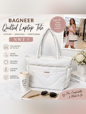 BAGNEER White Quilted Laptop Tote Bag 15.6” Travel Work Shoulder Bag